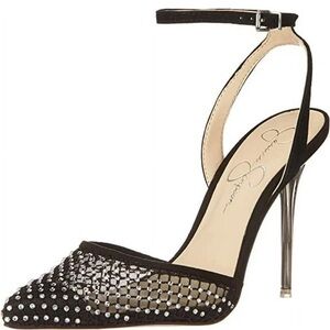 Jessica Simpson Pirrie Black Rhinestone Mesh Heels Size 10 Y2K